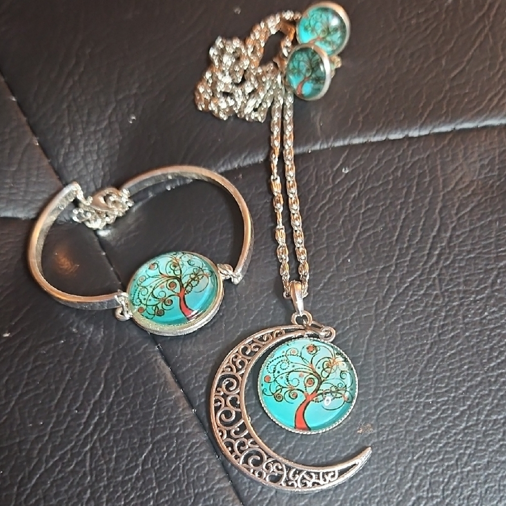 Silver Crescent Moon Necklace & Bracelet Set with Turquoise Tree Pendant